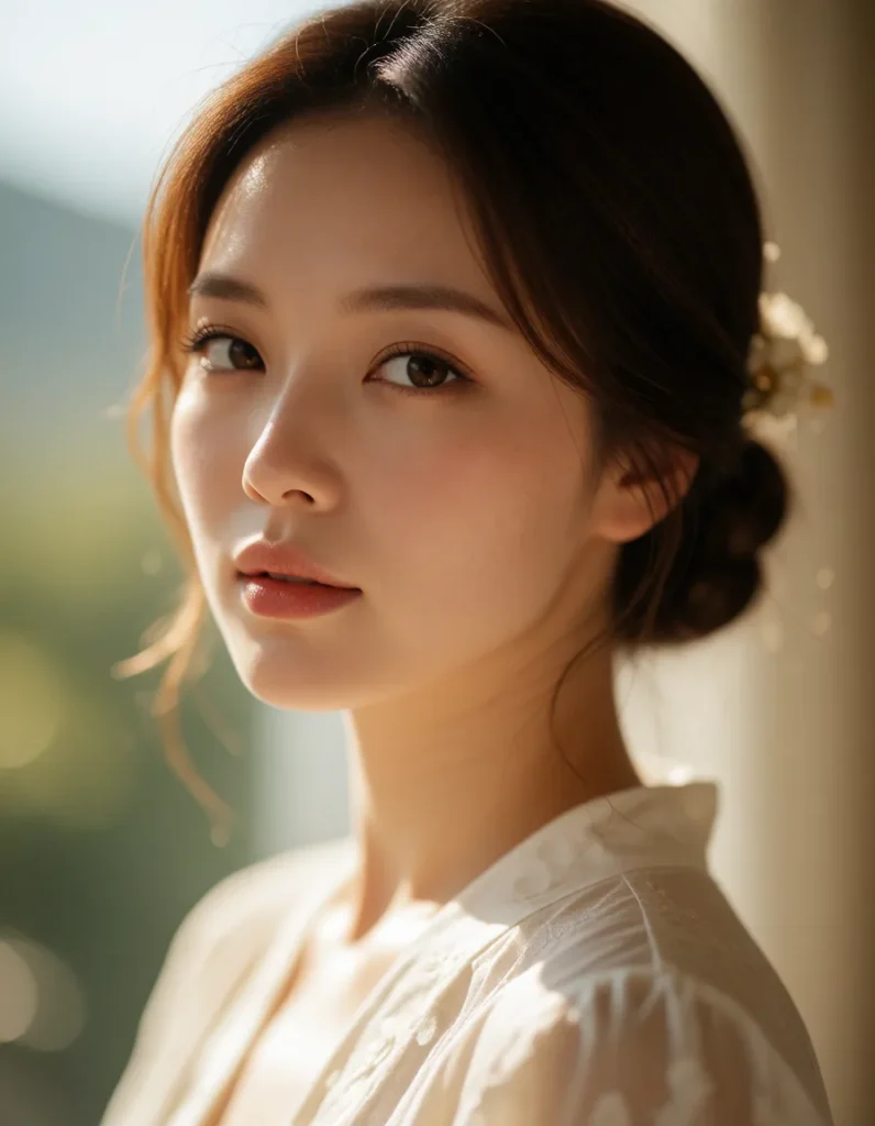 Jeune femme asiatique aux cheveux bruns mi-longs, vêtue d'une robe blanche à manches bouffantes, éclairée par une lumière