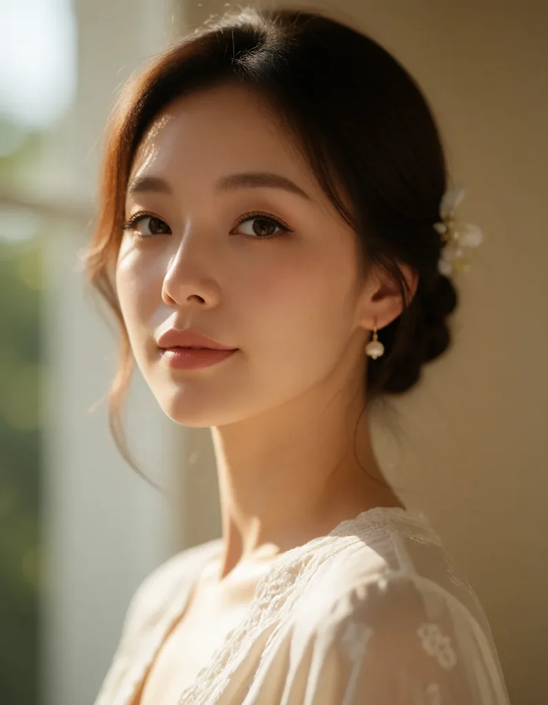 Jeune femme asiatique aux cheveux noirs lissés, vêtue d'une robe blanche à manches bouffantes, éclairée par une lumière