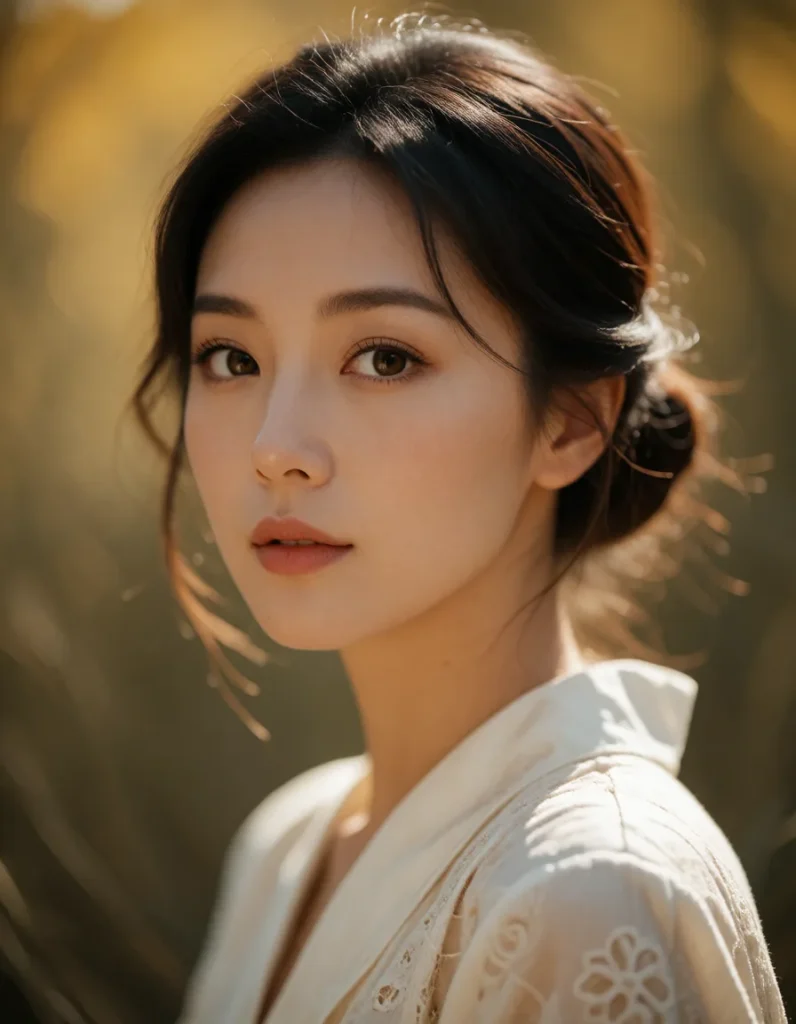 Jeune femme asiatique aux cheveux noirs lissés, vêtue d'une robe blanche à motifs dorés, dans un intérieur aux tons chauds