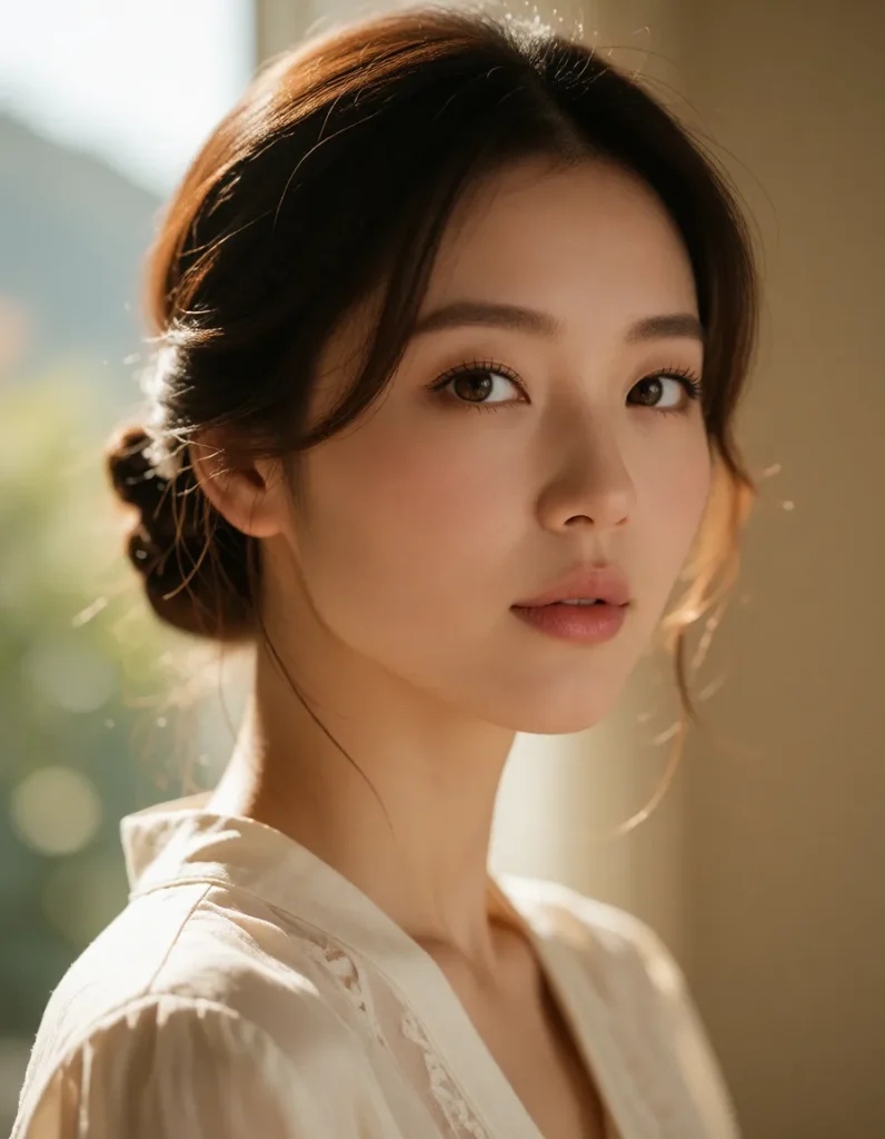 Portrait en lumière naturelle d'une jeune femme aux cheveux bruns ondulés, vêtue d'une robe blanche en mousseline fluide