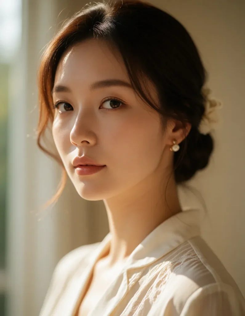 Jeune femme asiatique au teint clair, cheveux noirs lissés, portant une robe blanche en mousseline à manches ballon, bijou