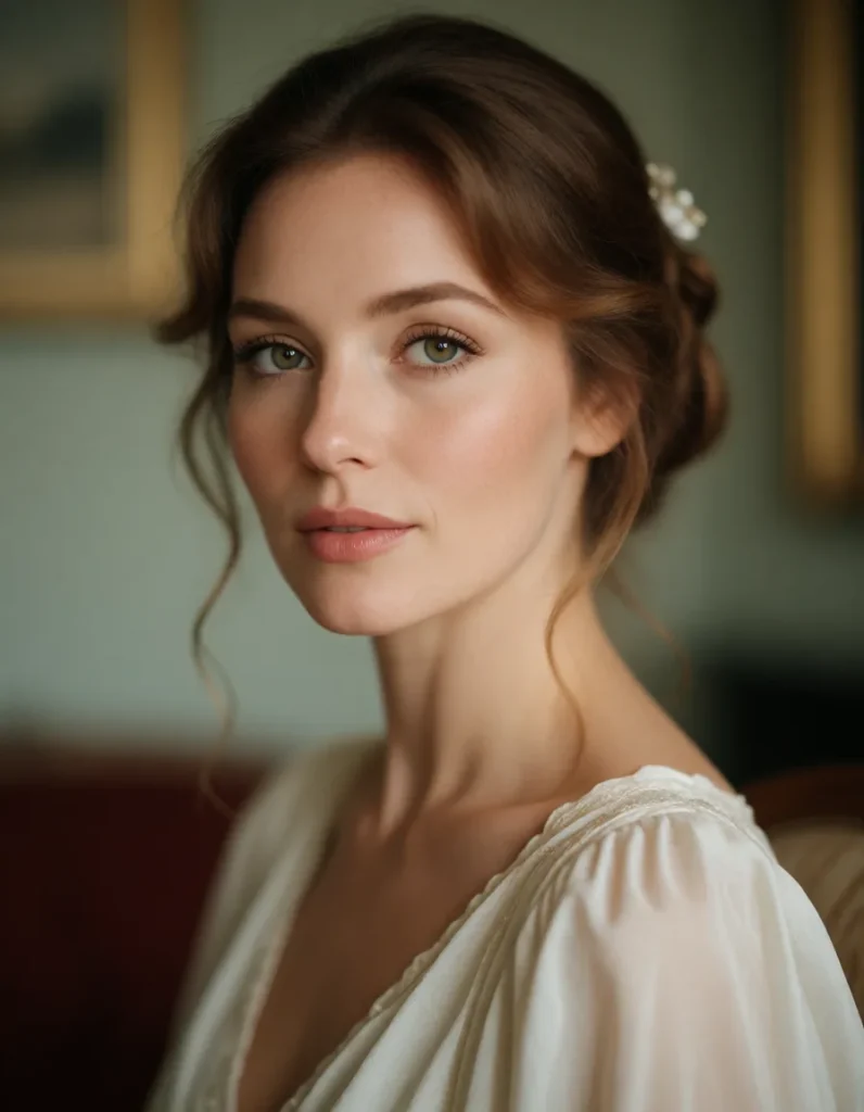Jeune femme aux cheveux blonds ondulés, vêtue d'une robe blanche en mousseline, assise dans un fauteuil en velours vert sous