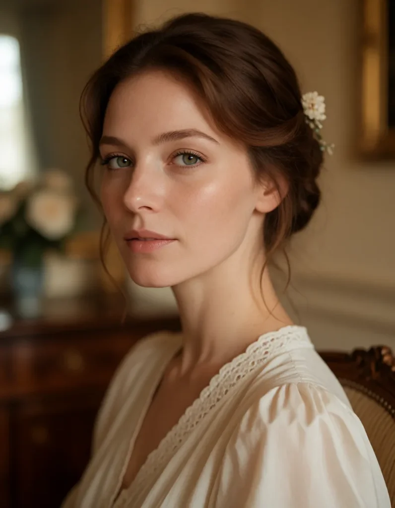 Jeune femme aux cheveux blonds ondulés, vêtue d'une robe blanche à manches bouffantes, assise dans un salon vintage aux tons