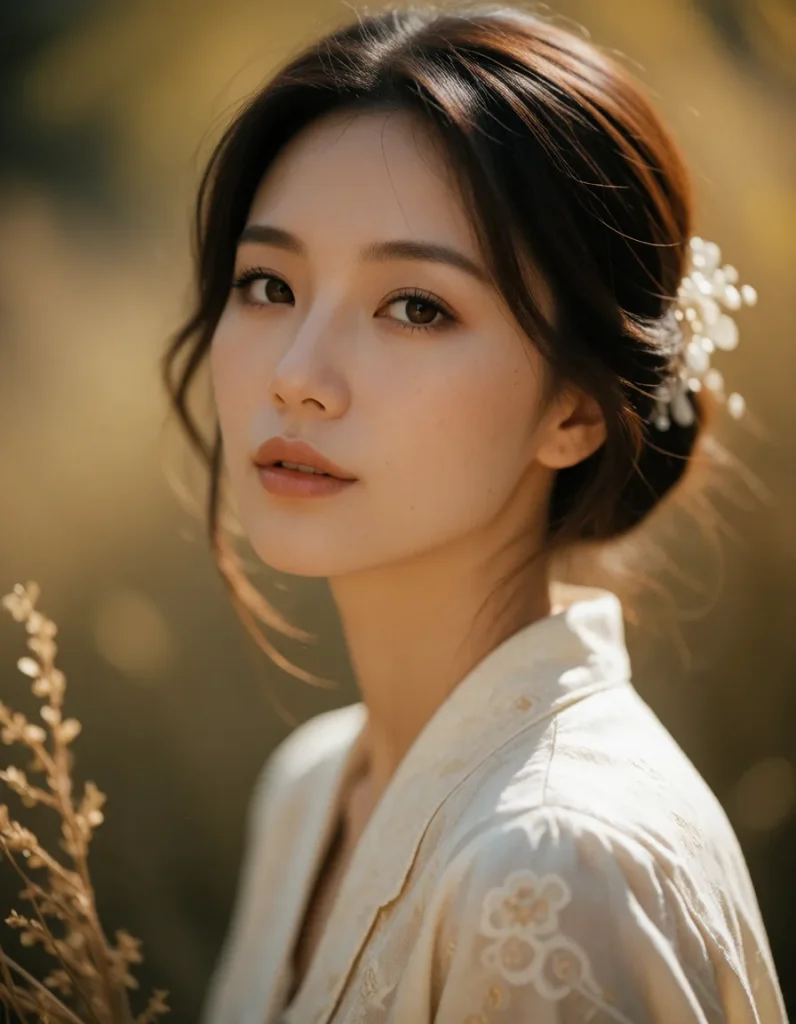 Jeune femme asiatique aux cheveux noirs lissés, portant une robe blanche à motifs floraux brodés et des boucles d'oreilles
