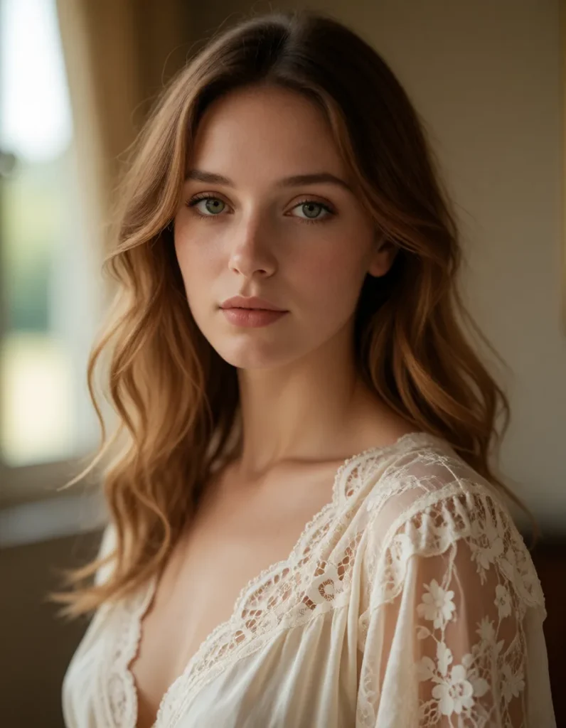 Jeune femme aux cheveux blonds ondulés vêtue d'une robe en dentelle blanche à motifs floraux, lumière douce et fond flou