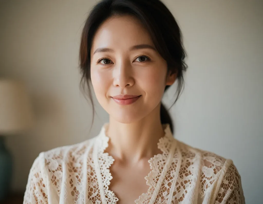 Jeune femme asiatique vêtue d'une robe en dentelle blanche à motifs floraux, coiffée d'un chignon bas, dans un intérieur aux