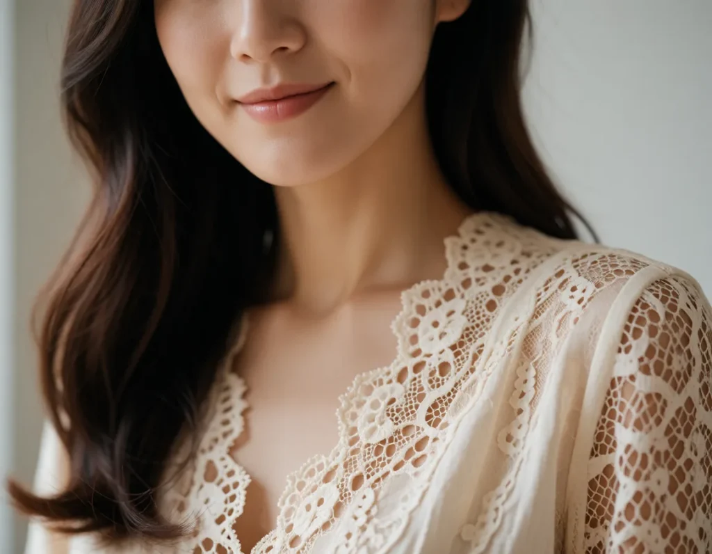 Jeune femme asiatique vêtue d'une robe en dentelle blanche à motifs ajourés, cheveux longs et lisses, lumière douce et fond