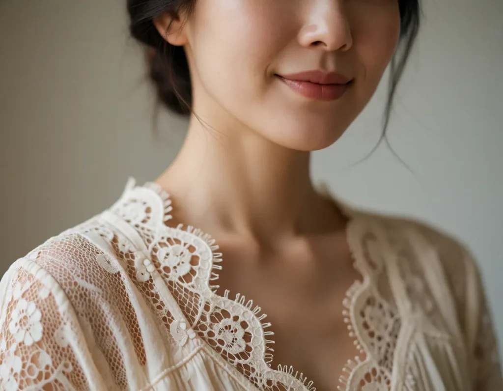 Jeune femme asiatique vêtue d'une robe en dentelle blanche à motifs floraux, manches bouffantes et col Claudine, assise près