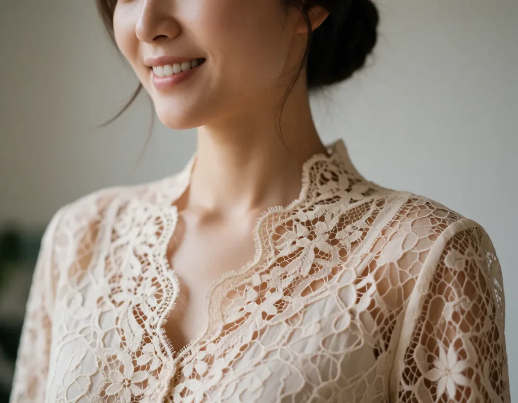 Jeune femme asiatique vêtue d'une robe en dentelle blanche à motifs floraux, manches longues et col Claudine, dans un