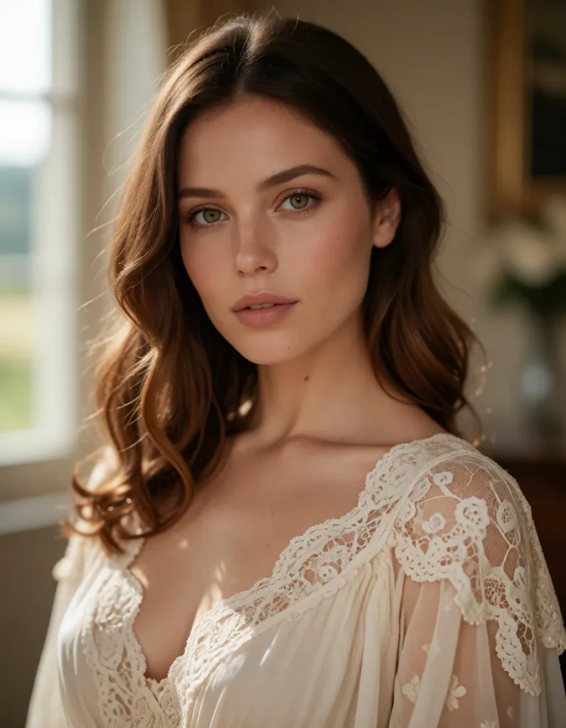 Jeune femme aux cheveux blonds et bruns ondulés, vêtue d'une robe en dentelle ivoire à motifs floraux, posant devant une