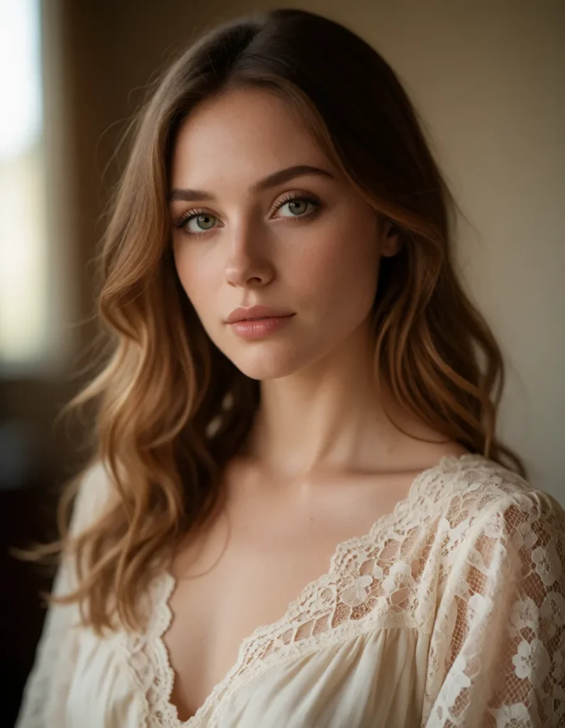 Jeune femme aux cheveux blonds ondulés vêtue d'une robe en dentelle ivoire à motifs floraux, lumière douce sur un fond