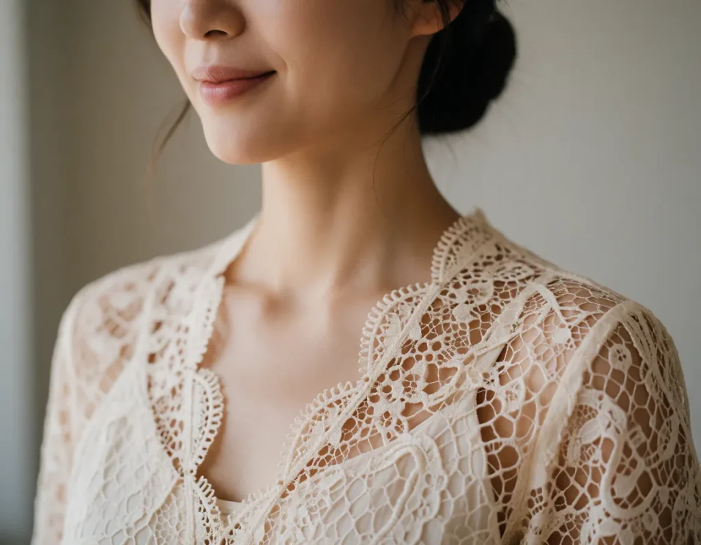 Jeune femme asiatique vêtue d'une robe en dentelle ivoire à motifs ajourés, coiffée d'un chapeau noir à larges bords, dans