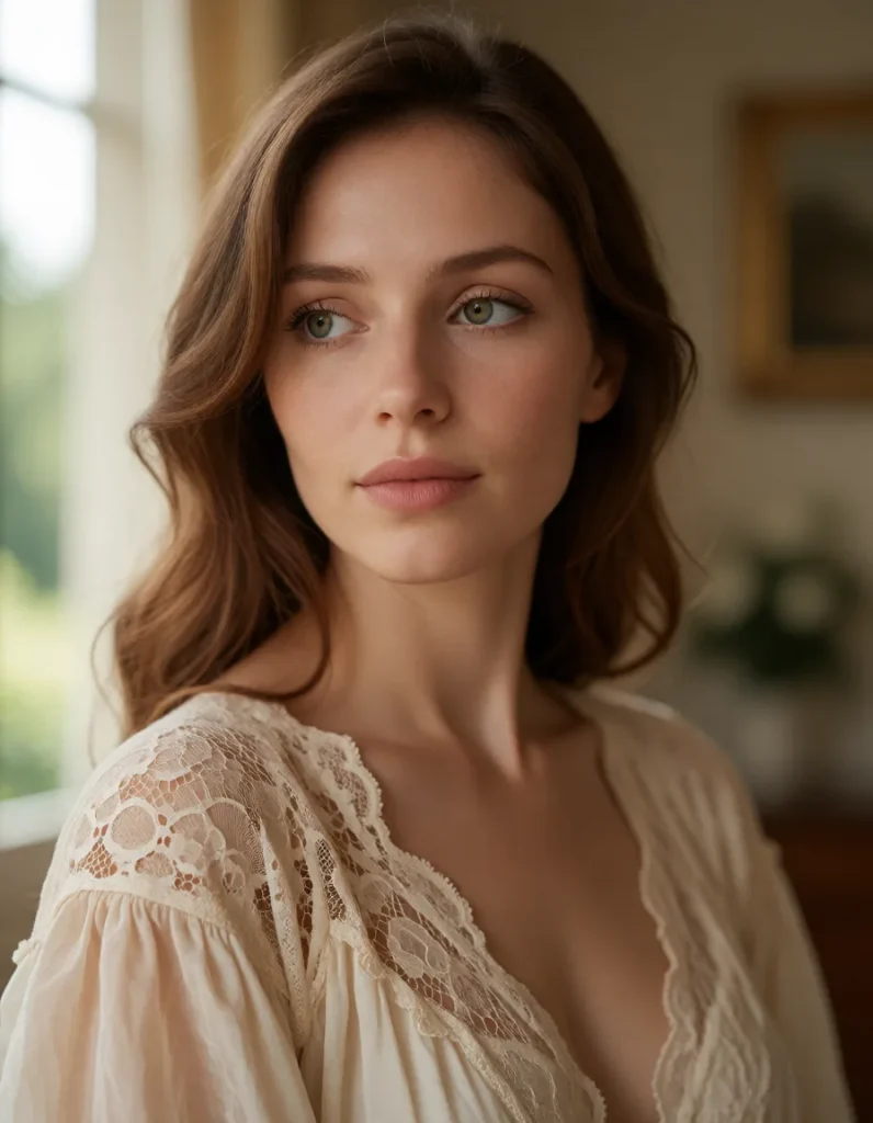 Jeune femme aux cheveux blonds ondulés vêtue d'une robe en dentelle ivoire à motifs floraux, assise dans un intérieur aux