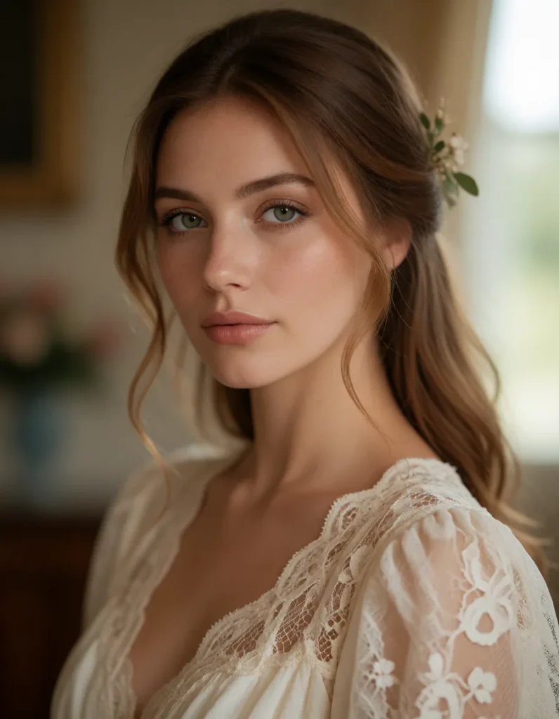 Jeune femme aux cheveux blonds ondulés vêtue d'une robe en dentelle crème à motifs floraux, lumière douce sur un fond flou