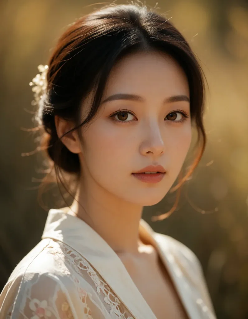 Jeune femme asiatique aux cheveux lissés, vêtue d'une robe à motifs floraux pastel, dans un intérieur aux tons chauds et