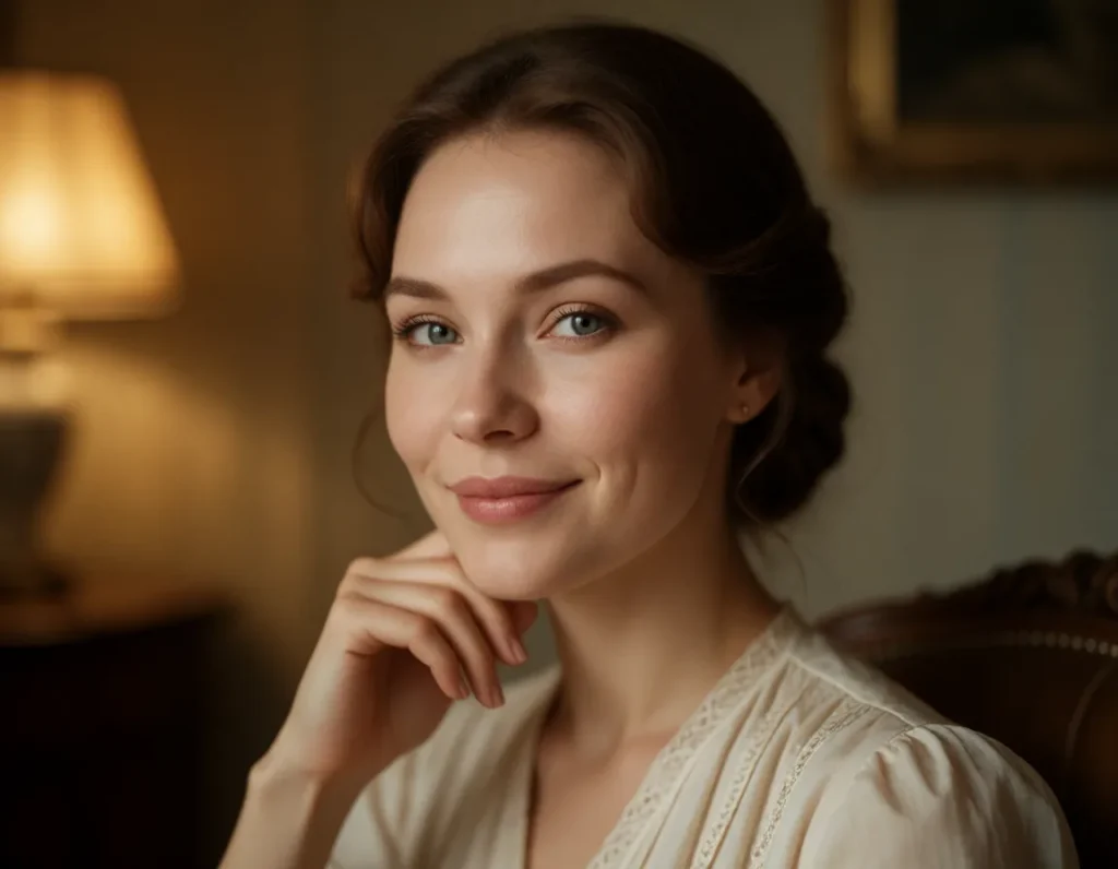Jeune femme aux cheveux bouclés et aux yeux clairs, vêtue d’une robe en lin beige à manches longues, dans un intérieur