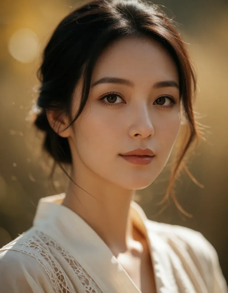Jeune femme asiatique aux cheveux blonds mi-longs, vêtue d’une robe en lin blanc à motifs brodés, dans un intérieur