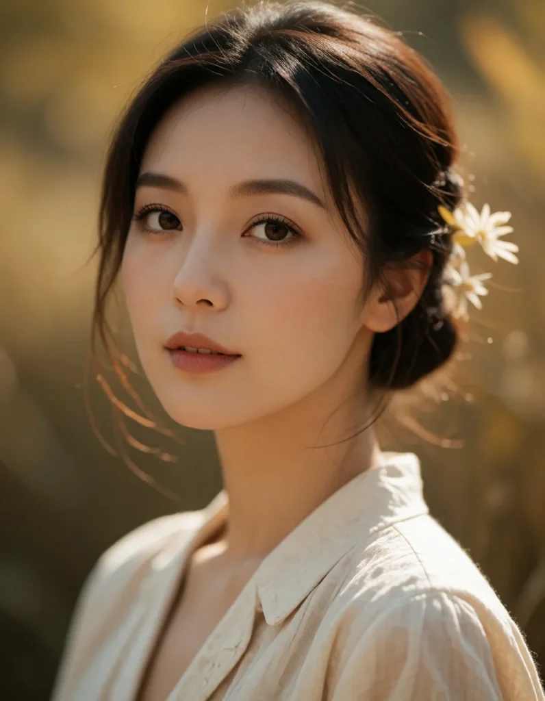 Jeune femme aux cheveux bruns mi-longs vêtue d'une robe en lin blanc, coiffée d'une barrette dorée, dans un cadre intérieur