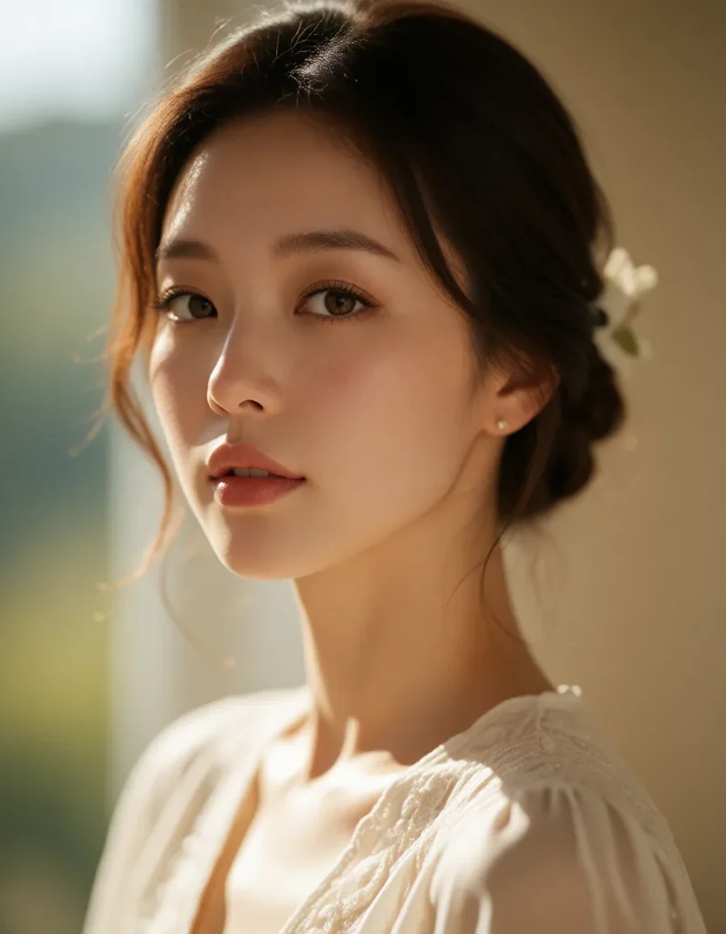 Jeune femme asiatique aux cheveux bruns mi-longs, vêtue d'une robe blanche en lin, visage baigné de lumière naturelle dorée