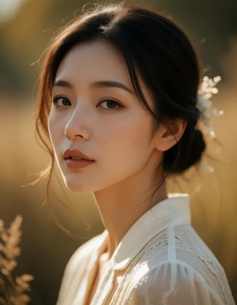 Jeune femme aux cheveux bruns lissés, vêtue d'une robe en lin blanc à manches longues, dans un intérieur chaleureux aux tons