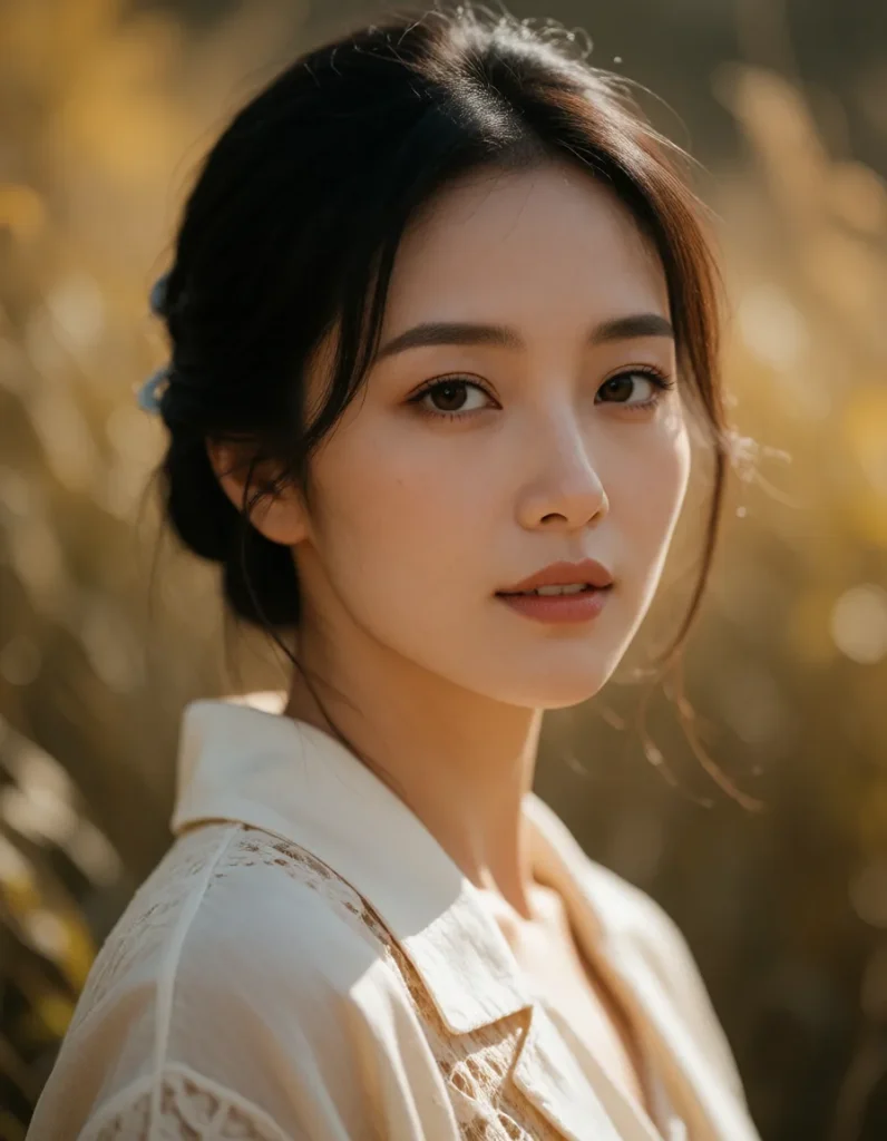 Jeune femme asiatique aux cheveux courts et bouclés, vêtue d'une robe en lin blanc et bleu pâle, dans un intérieur