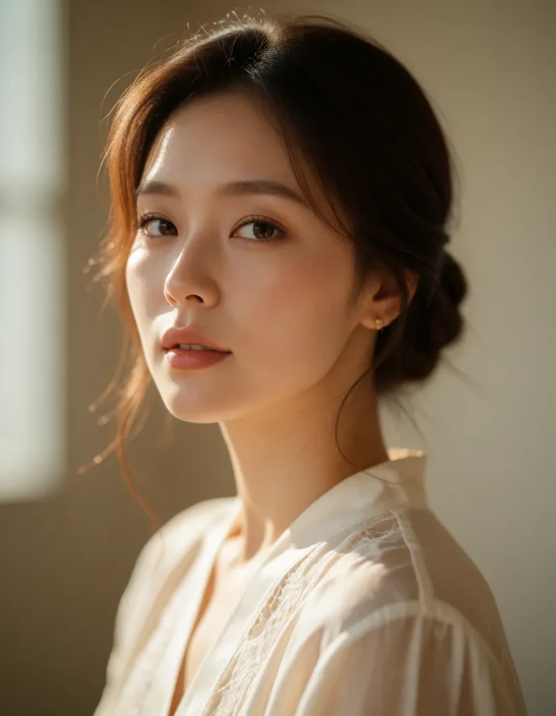 Portrait d'une jeune femme aux cheveux longs et ondulés, vêtue d'une robe en lin blanc, éclairée par une lumière naturelle