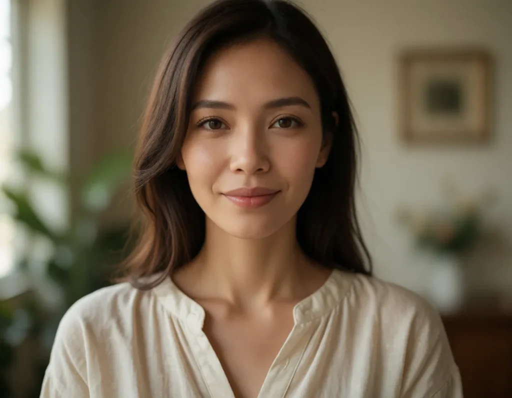 Jeune femme aux cheveux bruns mi-longs, vêtue d’une robe en lin écru, assise dans un salon aux tons pastel et lumineux