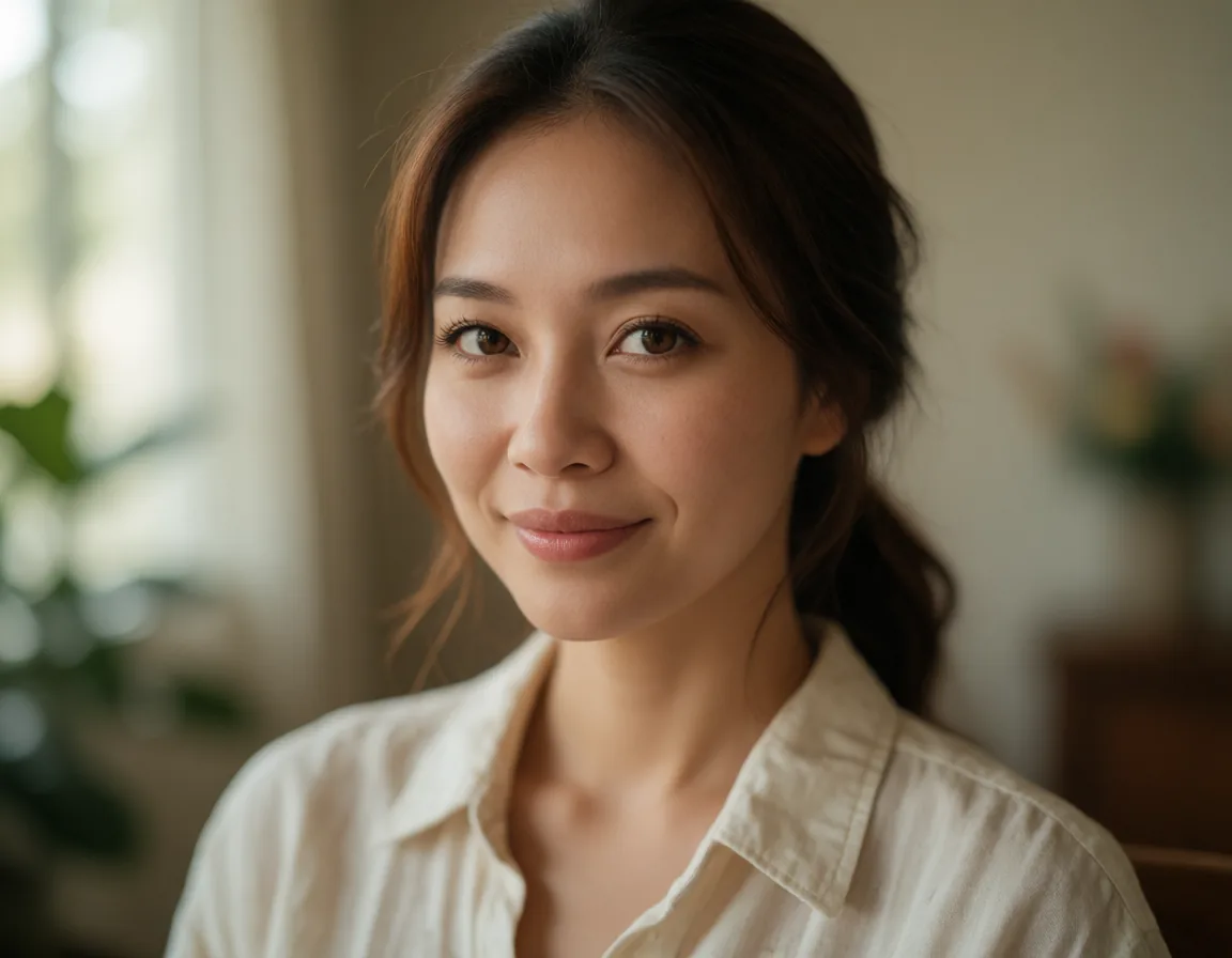 Jeune femme aux cheveux mi-longs bouclés, vêtue d'une robe en lin crème à col Claudine, assise dans un fauteuil en osier
