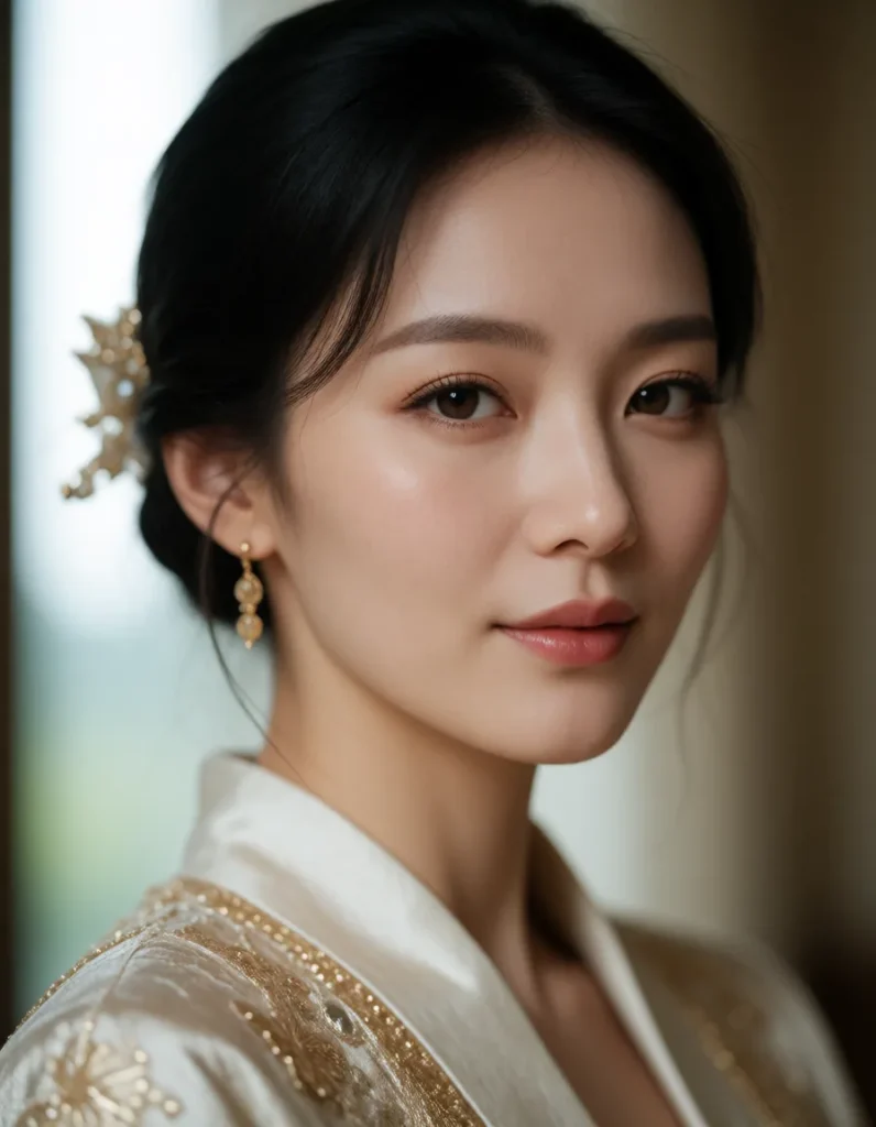 Jeune femme aux cheveux noirs lissés, coiffure chignon bas, portant une robe à motifs dorés sur fond clair, collier de