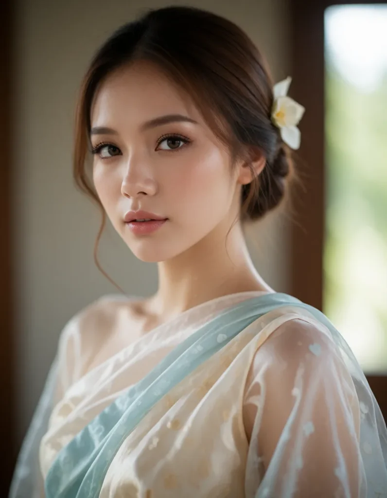 Jeune femme asiatique aux cheveux noirs lissés, vêtue d'une robe en mousseline bleu pâle aux reflets nacrés, assise près