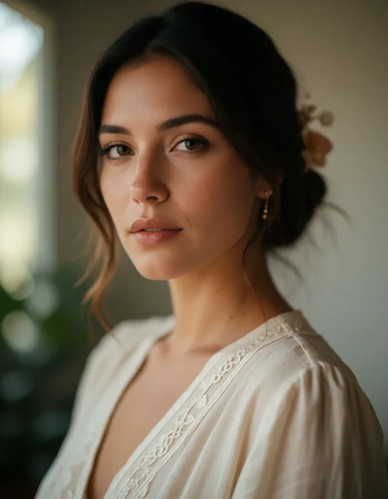 Jeune femme aux cheveux bruns bouclés vêtue d’une robe en mousseline ivoire, collier doré et boucles d’oreilles discrètes