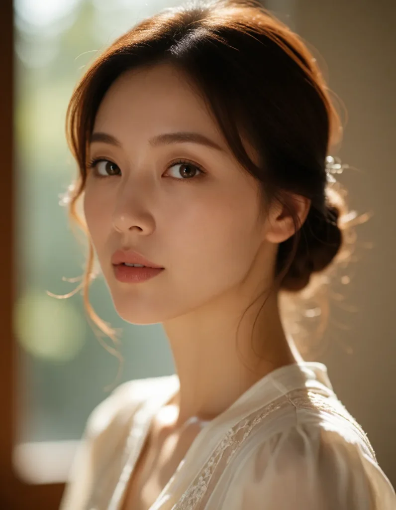 Jeune femme asiatique aux cheveux longs et bouclés, vêtue d'une robe blanche en mousseline fluide, dans un intérieur baigné