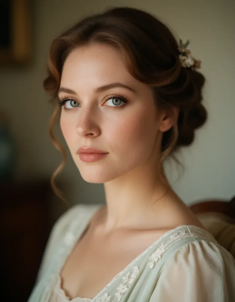 Jeune femme aux cheveux bruns bouclés, robe blanche en mousseline fluide, collier de perles, fond vert pâle et flou