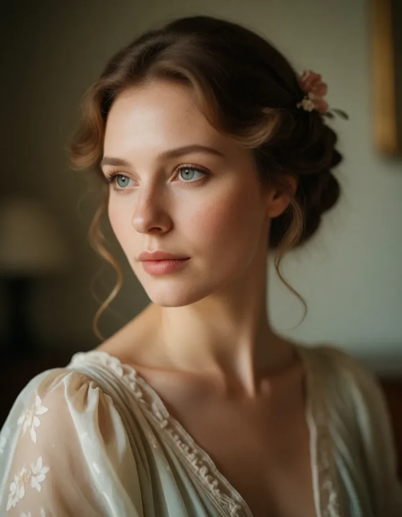 Jeune femme aux cheveux bruns ondulés, vêtue d'une robe en mousseline claire à motifs floraux, posant devant un fond vert