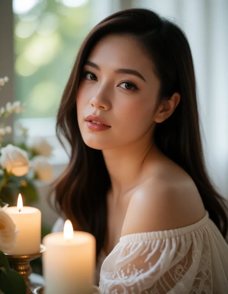 Jeune femme aux cheveux noirs lissés, robe à rayures horizontales crème et marron, maquillage naturel, fond flou avec