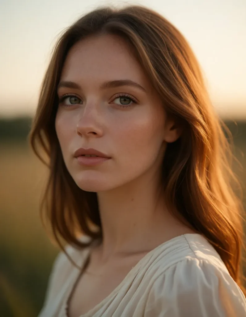 Jeune femme aux cheveux blonds ondulés, vêtue d’une robe à rayures bleues et blanches, éclairée par une lumière dorée et