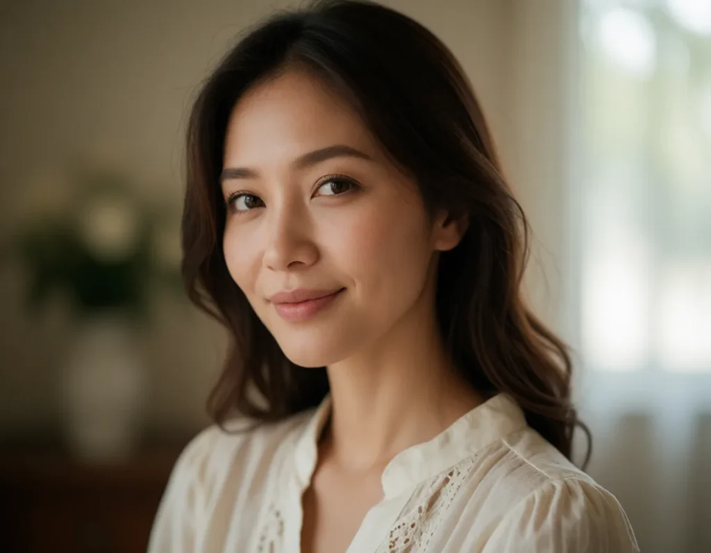 Jeune femme aux cheveux longs et bruns, vêtue d'une robe à rayures fines blanches et crème, assise dans un fauteuil en