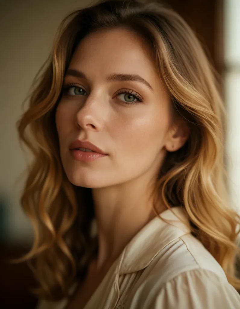 Jeune femme aux cheveux blonds bouclés, vêtue d'une robe en soie beige, éclairée par une lumière dorée et douce dans un