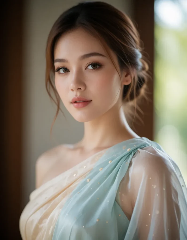 Jeune femme asiatique aux cheveux noirs lissés, vêtue d'une robe longue en soie bleu pâle aux reflets nacrés, debout dans un
