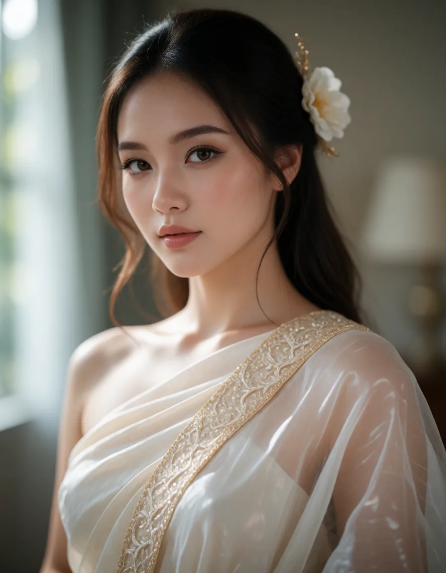 Jeune femme asiatique aux cheveux noirs lissés, vêtue d'une robe en soie ivoire aux motifs brodés dorés, tenant une fleur