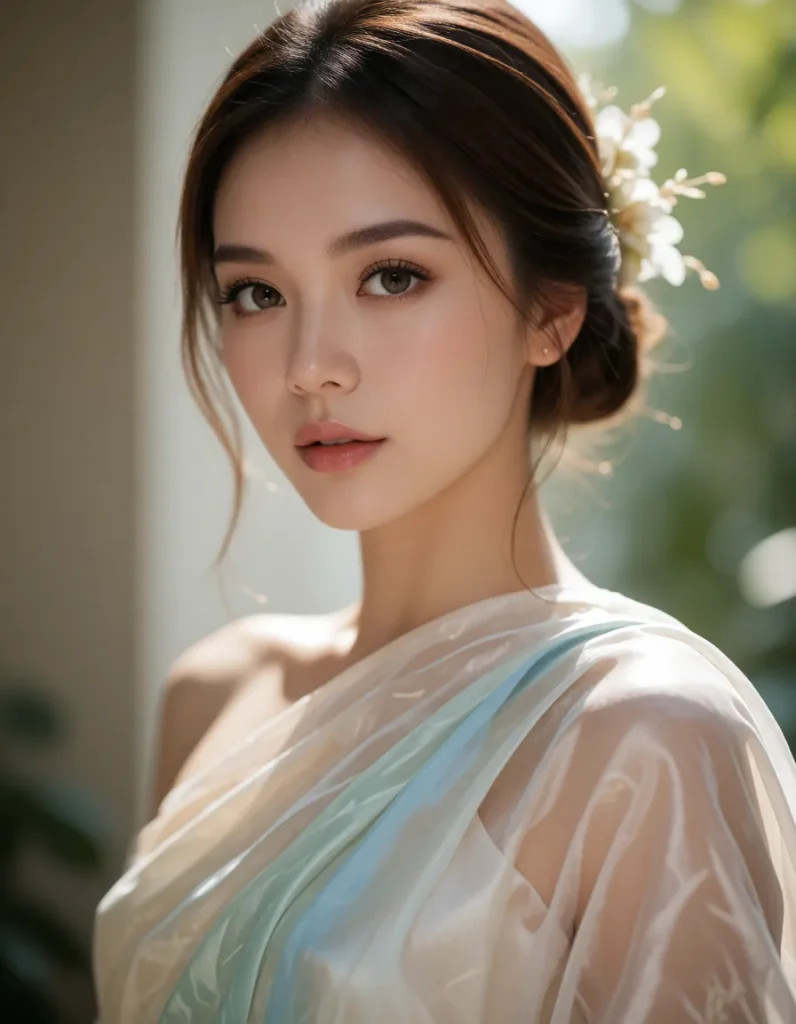 Jeune femme asiatique aux cheveux noirs lissés, vêtue d'une robe fluide aux dégradés de bleu et de corail, assise dans un