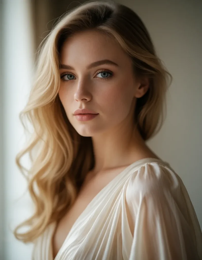 Jeune femme aux cheveux blonds ondulés, vêtue d'une robe en soie blanche à manches longues, assise dans un intérieur aux