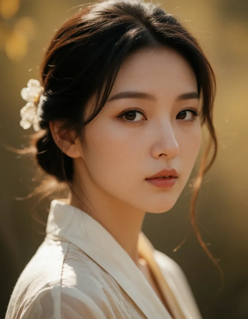 Jeune femme asiatique aux cheveux noirs lissés, vêtue d'une robe en soie blanche à motifs discrets, dans un intérieur