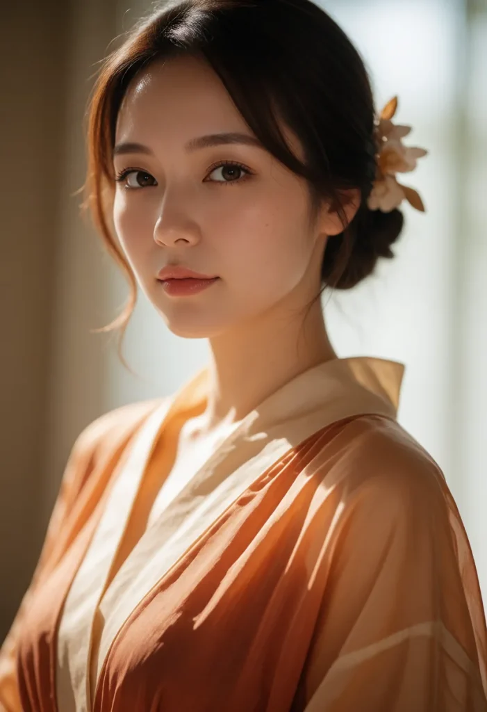Jeune femme aux cheveux noirs lissés, vêtue d'une robe en soie ivoire à manches longues, assise près d'un mur beige avec une