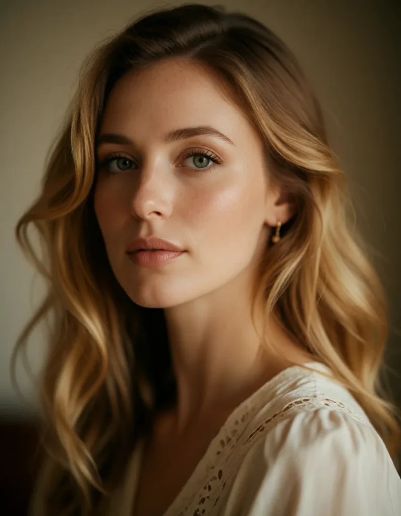 Jeune femme aux cheveux blonds ondulés, vêtue d'une robe en soie ivoire, éclairée par une lumière douce et dorée sur fond