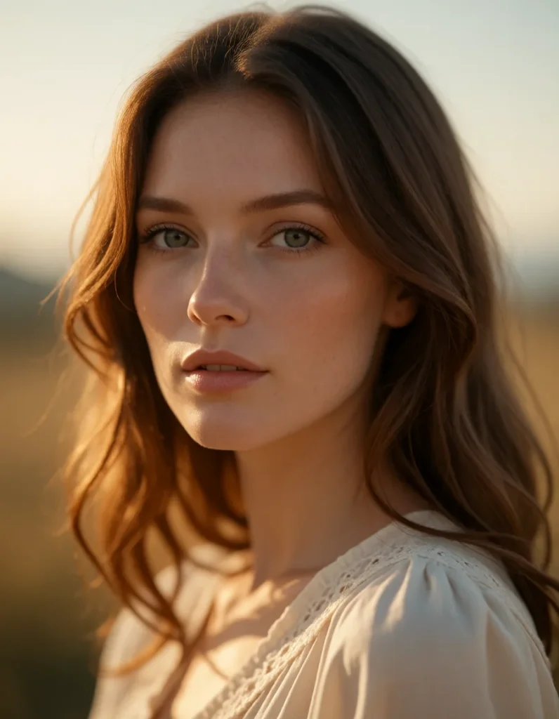 Jeune femme aux cheveux blonds ondulés, maquillage naturel et lèvres rosées, vêtue d'une robe en soie ivoire à manches