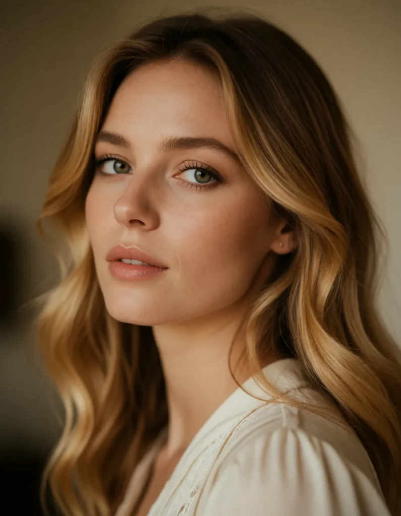 Jeune femme aux cheveux blonds ondulés, vêtue d’une robe en soie ivoire, éclairée par une lumière douce et chaude évoquant