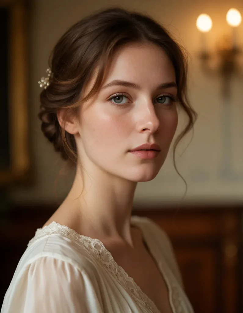 Jeune femme aux cheveux bruns bouclés, robe en soie ivoire à manches longues, collier de perles, assise dans un fauteuil en