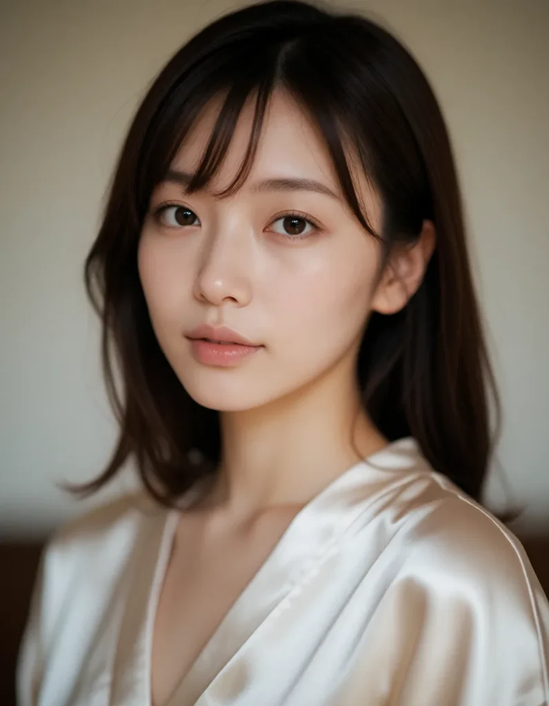 Jeune femme aux cheveux noirs lissés, vêtue d'une robe en soie blanche, éclairée par une lumière douce et naturelle, fond