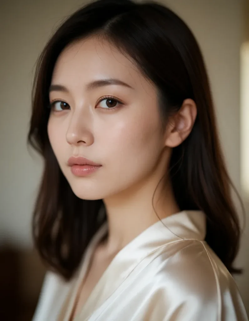 Jeune femme aux cheveux longs et lisses, vêtue d’une robe en soie blanche, éclairée par une lumière douce et naturelle sur